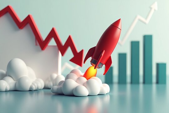 Crash Landing: Red Rocket Near Declining Graph and Downward Arrow on Reflective Desk Signifying Business and Stock Market Loss.