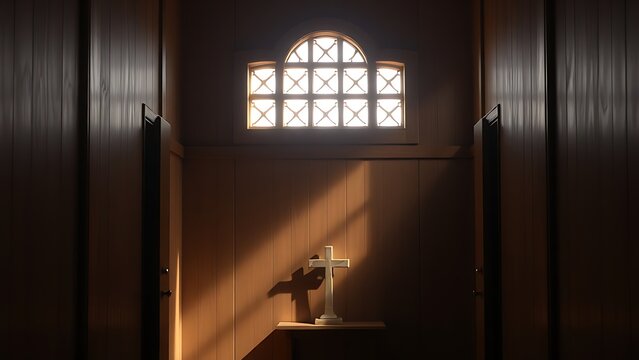 kneeler. The interior of an empty confessional booth with soft light entering through a wooden lattice. event programs, museum guides, designed for cultural heritage projects and event programs.