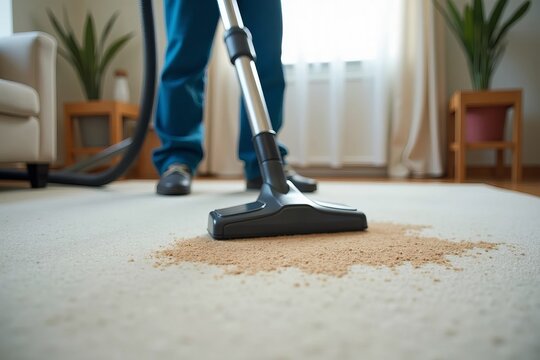 Professional Carpet Cleaning Service at Work: Close-up of Vacuum Cleaner Removing Stains and Dirt from Home