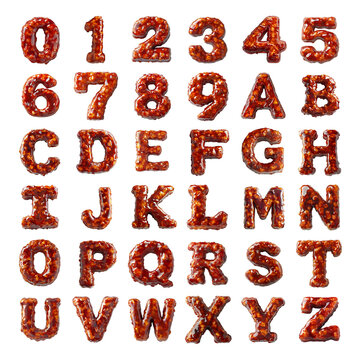 BBQ sauce shaped letters and numbers isolated on a white transparent background