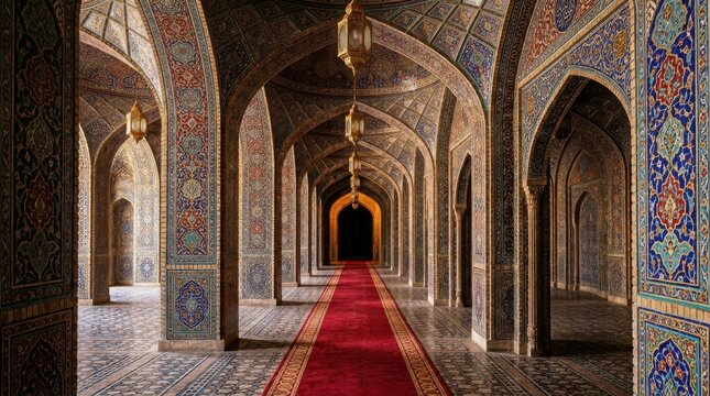 Symmetrical view of a grand mosque interior with ornate stone arches