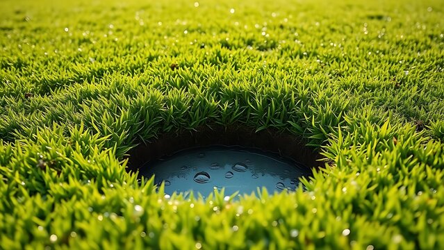 divot. Fresh square depression in lush green grass on a golf course. product launch decks, UI/UX mockups, designed for data visualization dashboards and holographic UIs.