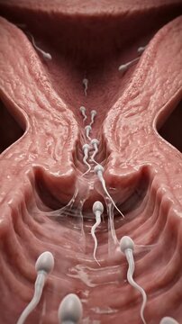 Biological conception process: sperm swim, female system, internal view, reproductive journey, gamete fusion, fertilize ovum, cell divide, embryo form, human develop, new life.
