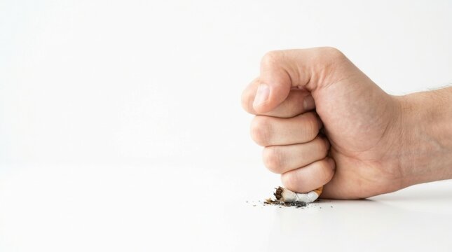 Fist crushing a cigarette as a symbol of stopping smoking addiction