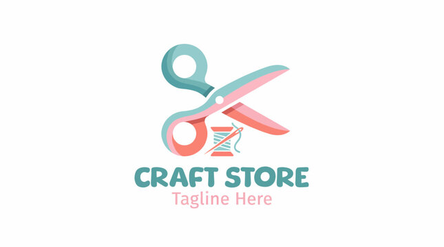 A vibrant logo depicting a pair of scissors alongside a spool of thread, ideal for representing a craft store business and its creative offerings. It symbolizes artistry.