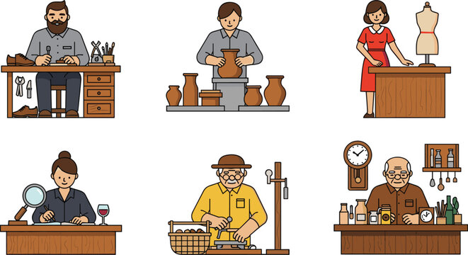 Professional Artisan and Craftspeople Vector Icon Set Featuring Shoemaker, Potter, Tailor, Jeweler, Woodworker, and Clockmaker Characters Working in Traditional Workshops