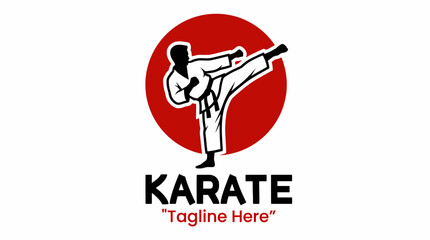 A dynamic silhouette of a karate practitioner executing a high kick against a vibrant red circle, symbolizing strength and discipline in martial arts. © Pengfei