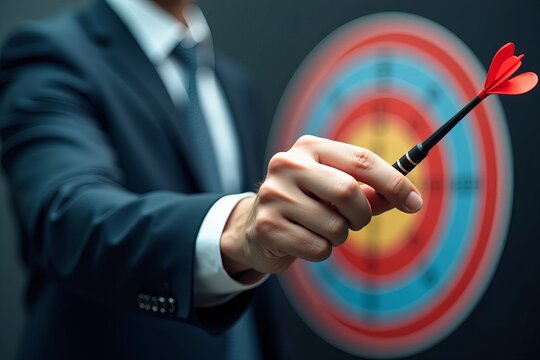 Business Man Aiming Dart at Target in Symbol of Retargeting Concept