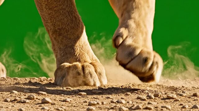 Close-Up of Lion's Paws Running on Sandy Terrain with Dust in Motion against a Bright Green Background