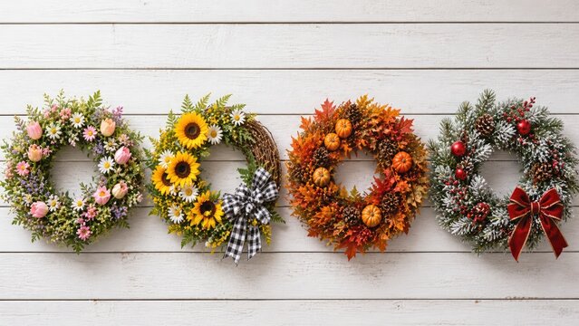 Seasonal wreath set showing spring summer autumn and winter decorations on wooden background