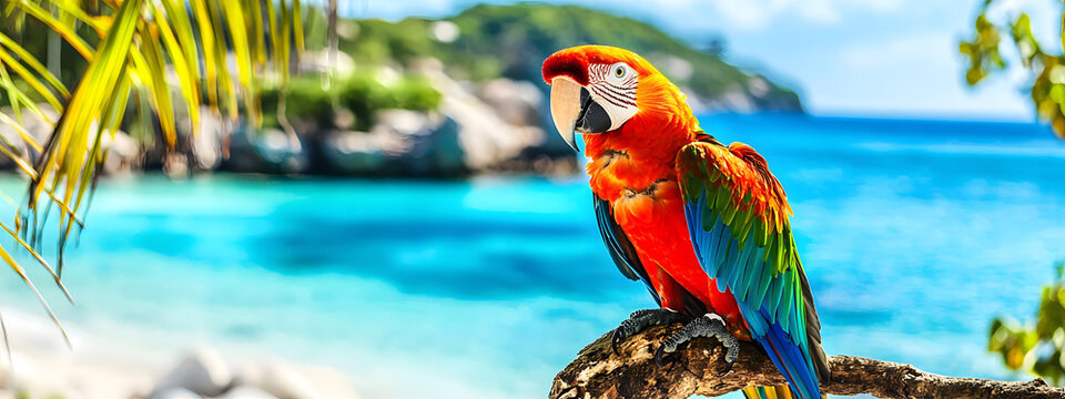 Tropical parrot sitting on palm tree branch on beach with ocean and clear sky - exotic wildlife, tourism destination concept
