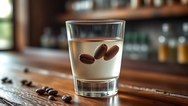sambuca. Three coffee beans floating in sambuca on a rustic wooden bar. bar promotions, beverage menus, designed for product packaging and bar promotions, used by e-commerce operators.