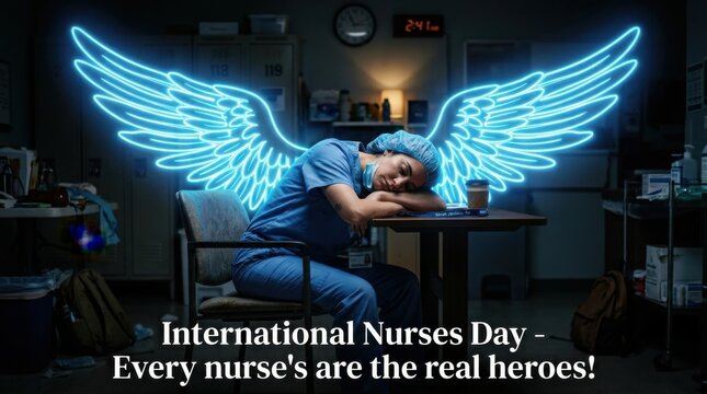 Tired nurse sleeping at desk with glowing neon angel wings