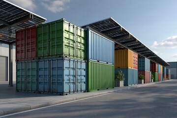 Fototapeta premium Stacked Industrial Shipping Containers Beside Rooftop Solar Canopies in Storage Yard