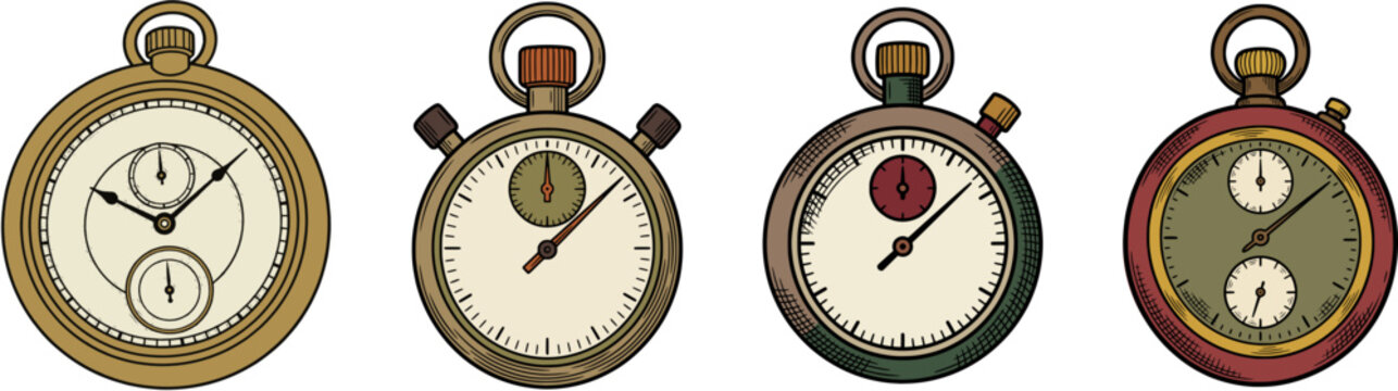Vintage hand-drawn engraving illustration set of four sports stopwatches with medium consistent cross-hatching. Perfect for coach logos, athletic timing branding, and retro gym poster designs