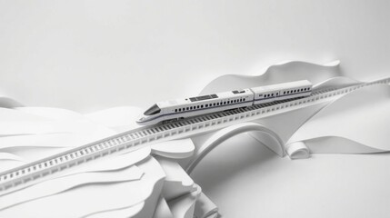 Fototapeta na wymiar Minimalist train model travels over paper landscape. White tones dominate composition, creating clean aesthetic. Simple, elegant design.
