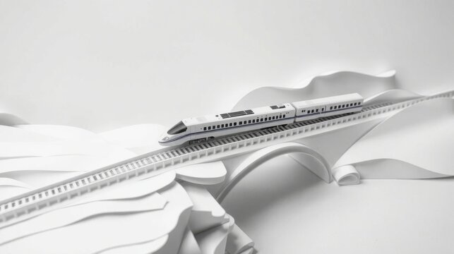 Minimalist train model travels over paper landscape. White tones dominate composition, creating clean aesthetic. Simple, elegant design.