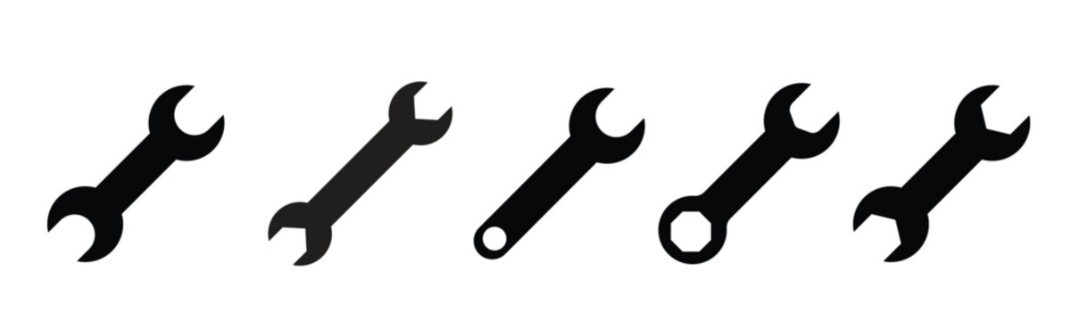 Wrench icon set with different spanner shapes in minimal flat style for repair and maintenance design