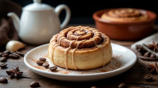 Warm, comforting cinnamon roll drizzled with icing, served with coffee beans and spices.