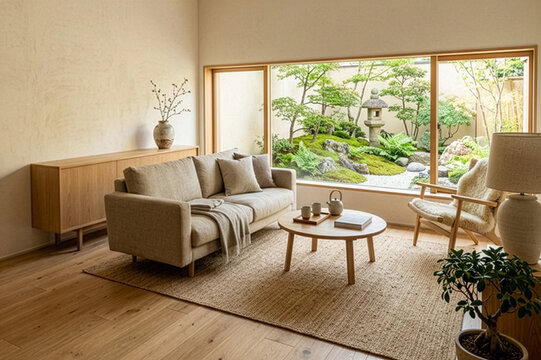 Japandi Living Room with Japanese Stone Garden View and Natural Beige Interior