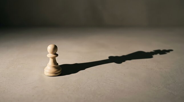 A single white chess pawn standing on a table casting a large shadow of a king piece on the surface representing ambition and leadership potential in business