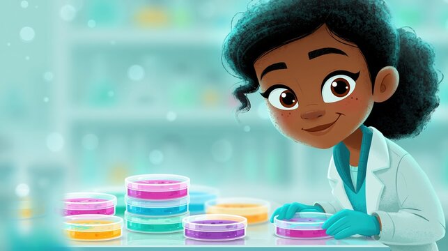 Female microbiologist examining colorful petri dishes in laboratory caricature