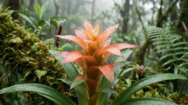 A vibrant orange bromeliad plant grows amidst lush green ferns and moss in a dense tropical forest.