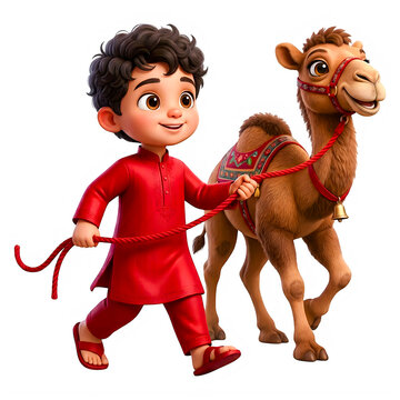 Joyful young boy in traditional attire leading a camel during Eid ul Adha celebrations Isolated on transparent background