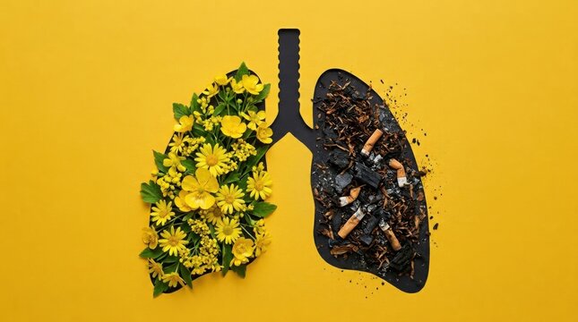 Creative lung visual comparing fresh yellow flowers with cigarette ash