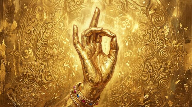 Golden statue of a hand in a mudra position with intricate patterns