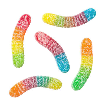 Four hyperrealistic, sugared neon gummy worms scattered flat lay on a transparent background with copy space, macro focus on crystalline texture, concept for confectionery advertising