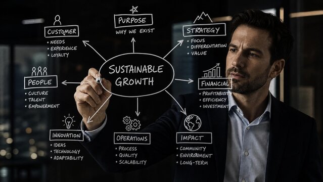 Professional Businessman Drawing Sustainable Growth Mind Map Strategy on Glass Board in Modern Office