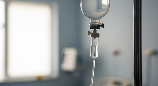 Medical intravenous drip equipment suspended in a patient recovery room during health treatment sessions showing vital liquid nourishment delivery systems used by nursing staff in clinical