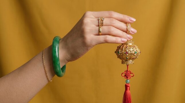 Hand wearing jade bracelet holding a traditional chinese ornament