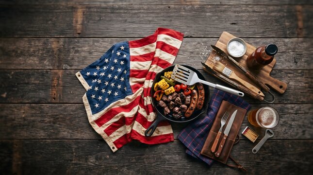 top down view of grilled sausages steak bites and corn in cast iron skillet with american flag on rustic wooden table 4th of july bbq celebration food concept