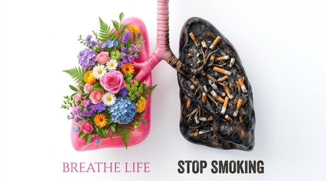 Anti-smoking concept comparing floral healthy lung with damaged lung