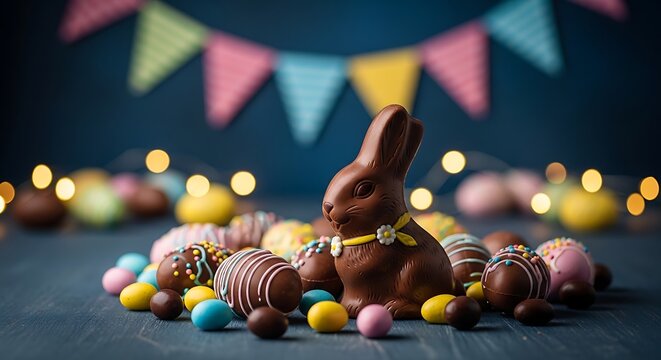 Festive easter sunday chocolate bunny eggs and colorful decorations for celebration