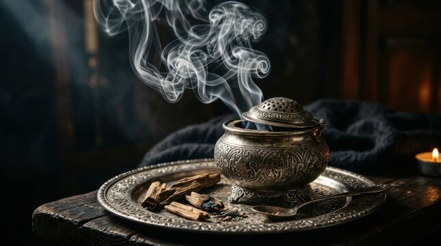 Close up of a silver incense burner releasing smoke on a tray