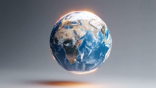 Conceptual floating planet Earth surrounded by a bright glowing golden ring.