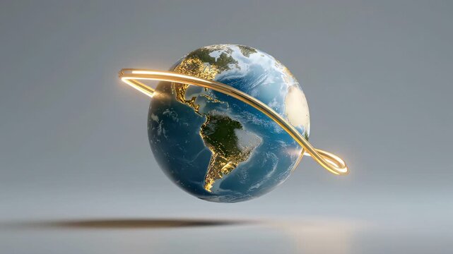 Conceptual planet Earth surrounded by a spinning bright golden glowing ring.