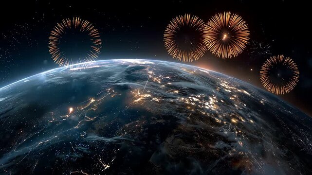 Conceptual close planet Earth orbit with massive bright festive fireworks.