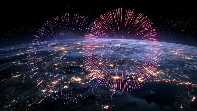 Conceptual planet Earth from space with bright colorful festive fireworks.