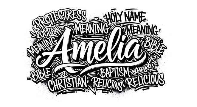 Amelia name design black and white typography on isolated background
