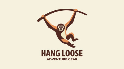 This adventurous logo features a playful monkey hanging from a bar, representing fun and excitement, perfect for outdoor gear and adventure-related businesses. © Zihang