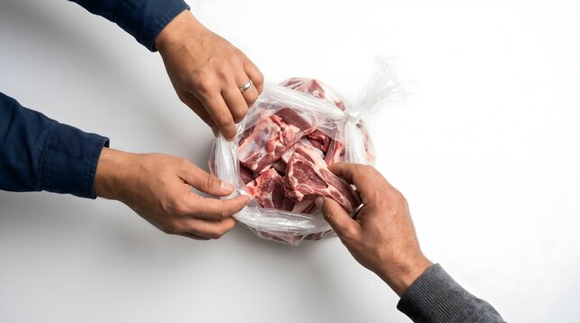 top down view of multiple hands reaching into a clear plastic bag filled with fresh raw lamb ribs and mutton pieces on a white background, meat distribution concept