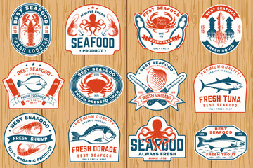 Seafood sticker set vector vintage fish market labels crab shrimp lobster tuna octopus fresh seafood badges retro style © sivvector