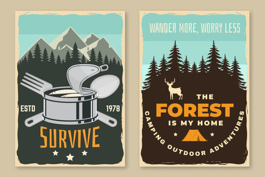 Retro camping poster prints set forest survival outdoor adventure vintage wall art hiking nature decor