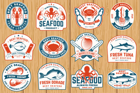 Seafood sticker set vector vintage fish market labels crab shrimp lobster tuna octopus fresh seafood badges retro style