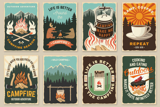 Camping poster set vector retro campfire coffee outdoor adventure prints cozy camping life vintage wall art cabin decor collection