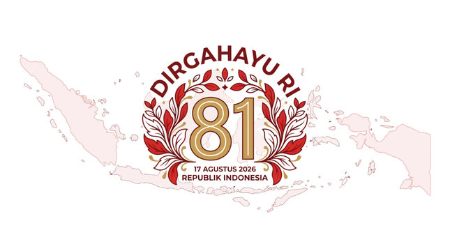 This flat design illustration presents elegant 'Dirgahayu RI' typography, complemented by minimalist icons of the Indonesian flag, map, and a traditional drum.